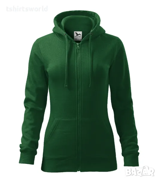 Нов дамски суичър с ЦИП и качулка в тъмнозелен цвят, снимка 1