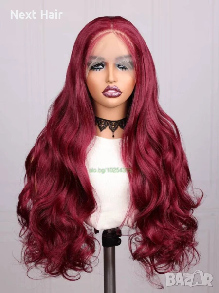 Тъмно червена бордо вълнообразна перука на път с дантела 13*4*1, снимка 1