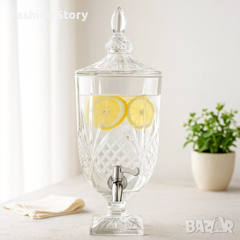 Луксозен стъклен диспенсър за сок и напитки 3L с капак и кранче, снимка 2 - Буркани, бутилки и капачки - 51795884