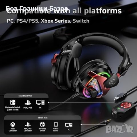 Tatybo Слушалки за PC/PS5/Xbox, RGB, Ултра-Ясен Микрофон, снимка 6 - Слушалки и портативни колонки - 44179473