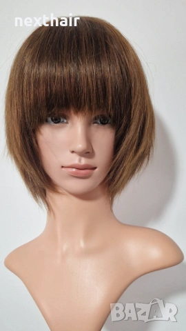 Естествена къса кафява перука с бретон, снимка 9 - Аксесоари за коса - 53148847