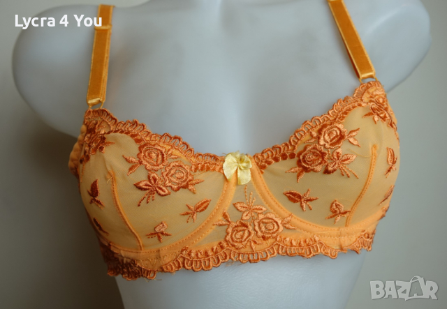Оранжев тюлен сутиен с прозрачни чашки и бродерии 75А/В размер, снимка 4 - Бельо - 36314092