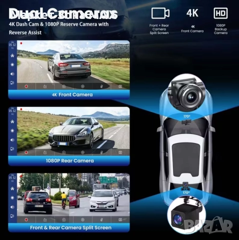 Мултимедия 4К + 1080P камера за кола с IPS тъчскрийн, CarPlay/Android Auto и GPS, снимка 5 - Навигация за кола - 52885343