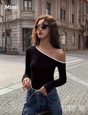 Дамска черна блуза с едно рамо, снимка 2 - Блузи с дълъг ръкав и пуловери - 53325929