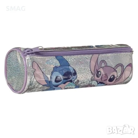 Ученически несесер цилиндър сребрист холограмен stitch angel_1252093
