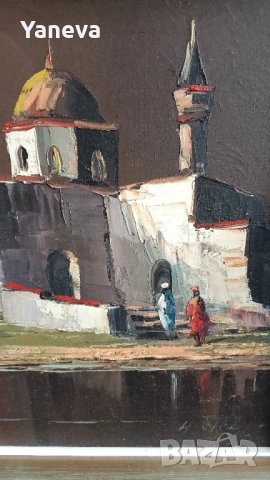 Стара картина , „Ориенталски пейзаж“ с маслени бои върху платно в рамка. , снимка 5 - Картини - 53726938