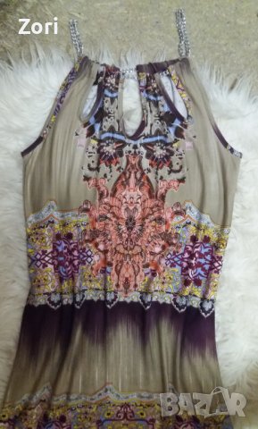 КРАСИВА дълга рокля в пейсли принт с презрамки от сребристи синджирчета, снимка 3 - Рокли - 41521008