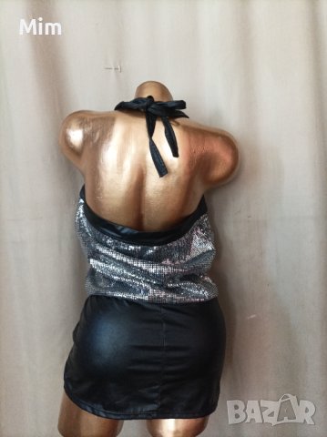 S/M  Черна рокля с пайети и еко кожа, снимка 3 - Рокли - 41535468