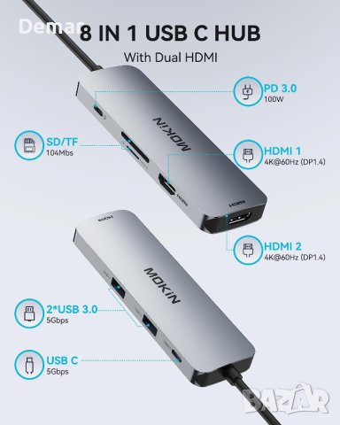 USB C докинг станция за лаптоп 8 в 1 24K 60Hz HDMI портове, снимка 4 - Кабели и адаптери - 41644562