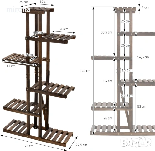 Дървена рафт за цветя кафяво 6 нива, за цветя, Поставка за саксии н138, снимка 3 - Градински цветя и растения - 53801213