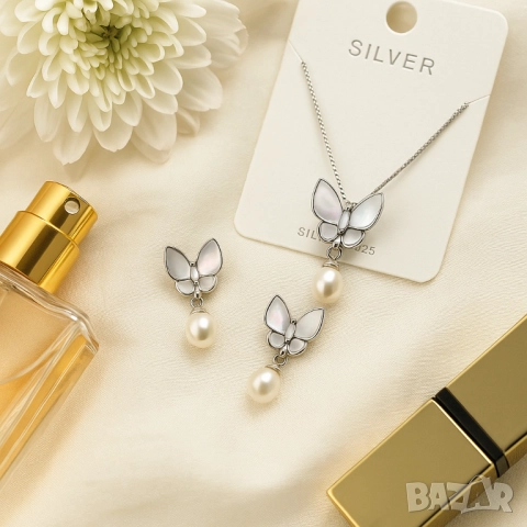 Стилен комплект бижута - Колие и обеци с пеперуди и перлен акцент, снимка 2 - Бижутерийни комплекти - 51926473