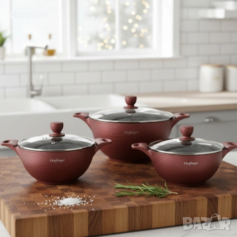 Комплект от 3 тенджери Cheffinger с мраморно покритие 20/24/28 см с капаци , снимка 5 - Съдове за готвене - 53433492