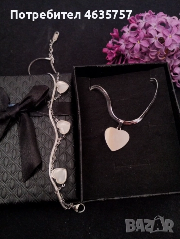 Колие и гривна със сърце/ Цвят на сърцата на гривната: бял, черен, снимка 3 - Колиета, медальони, синджири - 52304478