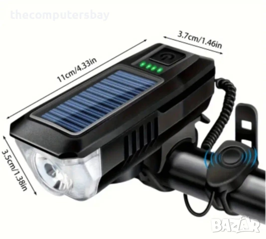 Мощен фар с клаксон, соларно зареждане, светлини за велосипед фар за колело, снимка 5 - Аксесоари за велосипеди - 51089790