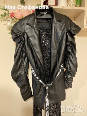 Ново кожено черно сако блейзер буфан ръкав Caramella Fashion , снимка 5 - Сака - 44216719