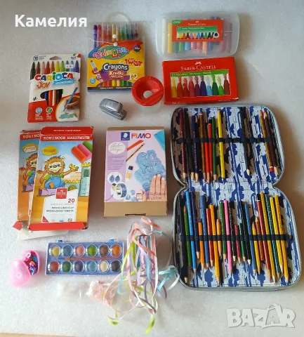 Ученически пособия: бои, глина, флумастри, пастели, моливи, пластелин