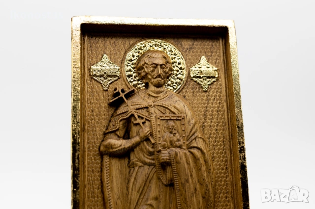 Позлатена икона на свети Виктор от масивен дъб със злато, снимка 5 - Икони - 53224421
