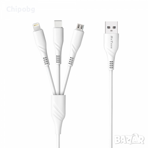 Кабел за зареждане DeTech DE-C40, 3 в 1, Micro USB, Lightning, Type-C, 1.0m, Бял -