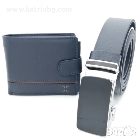 Комплект мъжки колан и портфейл в синьо от естествена кожа