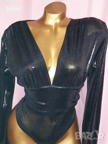  Резервирани Италиянско Черно боди с дълъг ръкав с кожен мокър ефект , снимка 5 - Бельо - 52620863