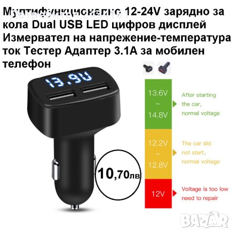 4 в 1 USB зарядно, волтметър, амперметър, термометър, снимка 2 - Аксесоари и консумативи - 42265605