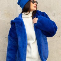 -50% пухено палто с качулка, цвят син, снимка 2 - Якета - 44495318