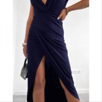Елегантна рокля с голяма цепка в тъмно синьо  , снимка 2 - Рокли - 41021069