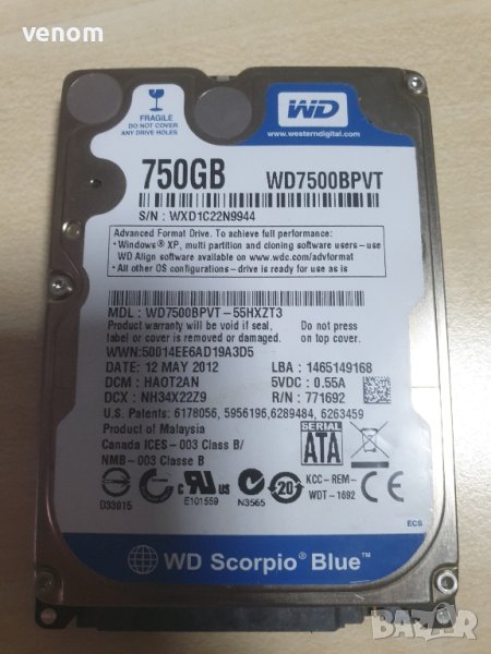 Твърд диск 750GB WD Scorpio Blue 2.5" 8MB WD7500BPVT, снимка 1