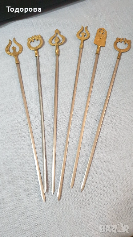 Стоманени шишове за барбекю с месингови накрайници с маркировки-орнаменти - 6 броя, снимка 1