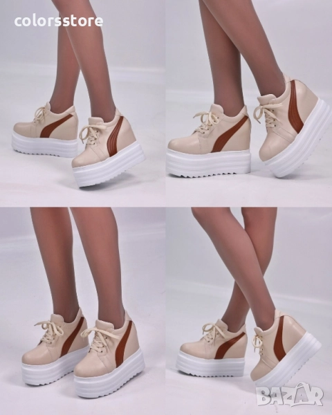 Кецове на платформа - бежови с кафява лента - SJN56 , снимка 1