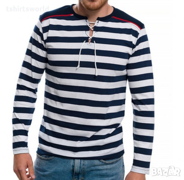 Нова мъжка моряшка блуза с дълъг ръкав с връзки, снимка 1