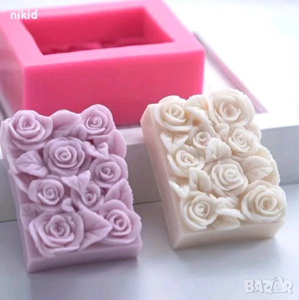 рози и листа правоъгълен силиконов молд форма фондан шоколад гипс сапун свещ декор, снимка 1