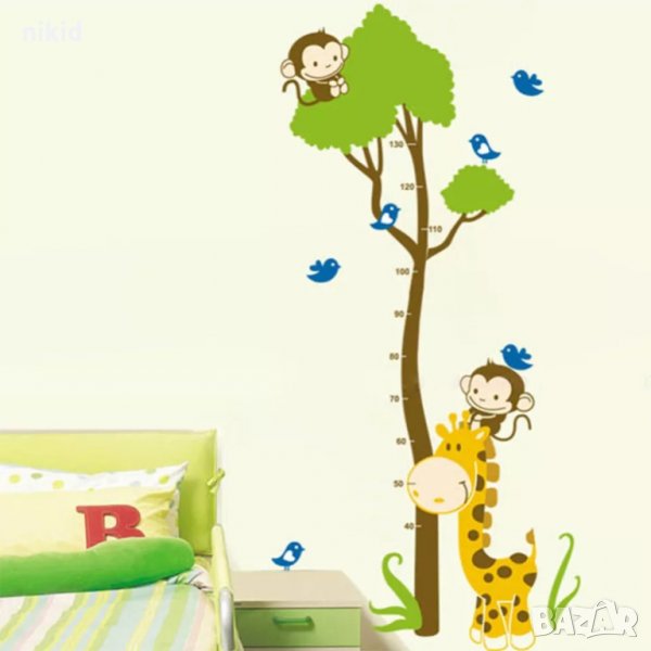 Жираф и маймунки на дърво метър за стена и мебел детска стая лепенка стикер самозалепващ, снимка 1