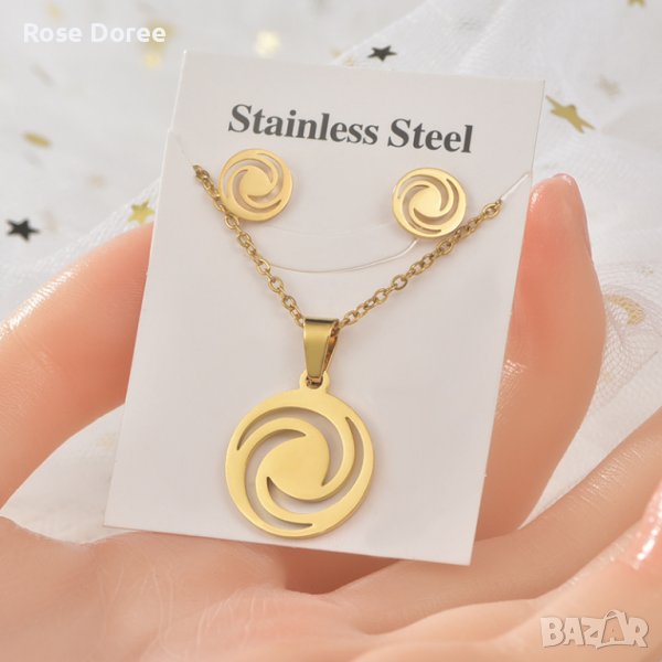 RD 331 Комплект Орнаменти бижута обеци и колие в златисто медицинска стомана безплатна доставка, снимка 1