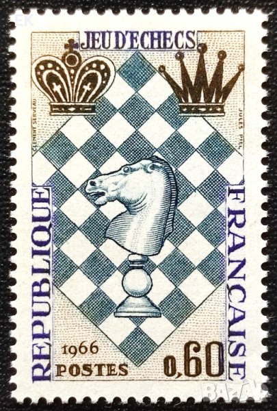 Франция, 1966 г. - самостоятелна чиста марка, шахмат, 3*16, снимка 1