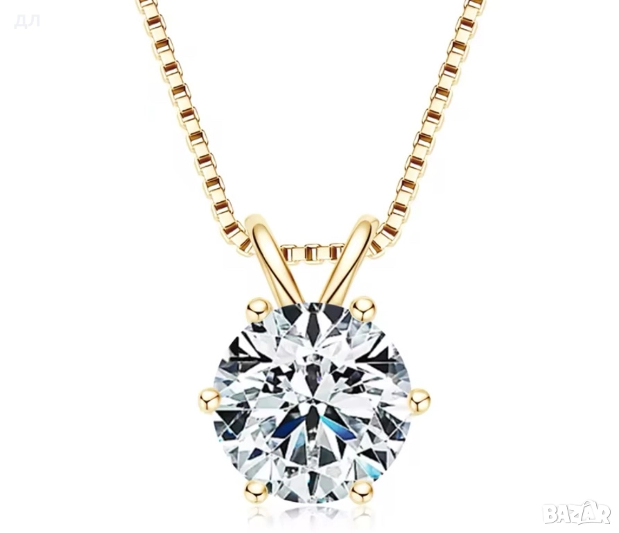 Сребърно колие с позлата с диамант, мойсанит 2 карата, снимка 1