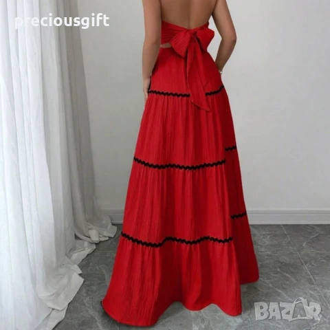 Дамски комплект - дълга пола и топ без презрамки, наличен в бежово, черено, червено, синьо, жълто, снимка 6 - Комплекти - 51367930