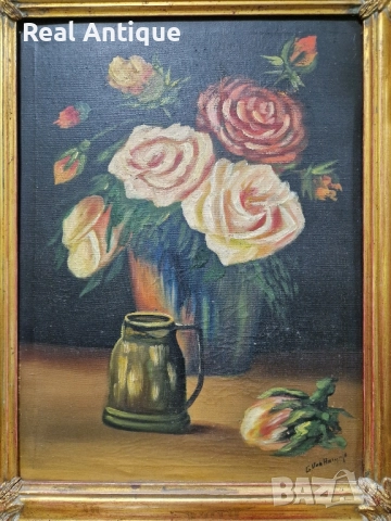 Натюрморт масло авторски платно автор рамка , снимка 6 - Антикварни и старинни предмети - 51784301