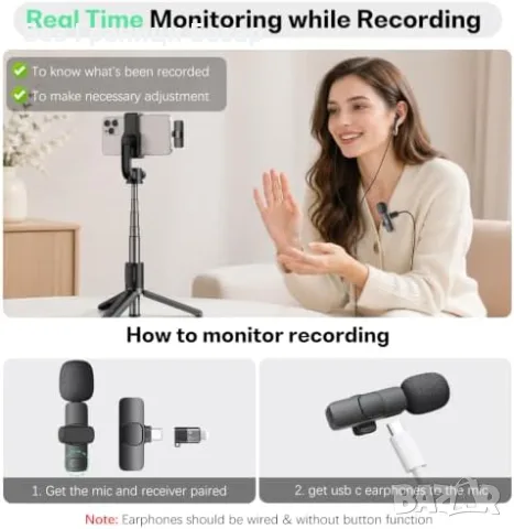 Нов Безжичен двоен Lavalier микрофон за iPhone Android USB-C Lightning TikTok влог видео, снимка 7 - Микрофони - 56196068