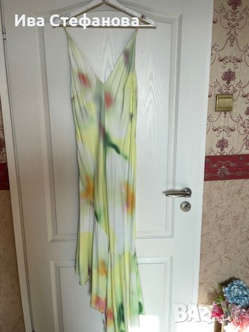 Разкошна сатенена лимонено жълто зелена свежа елегантна дълга асиметрична парти  сатен 100% визкоза , снимка 5 - Рокли - 41673550