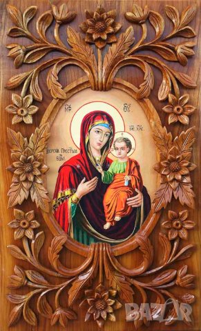 Икона "Дева Мария с Младенеца" - дърворезба, уникат, снимка 1 - Икони - 10733042