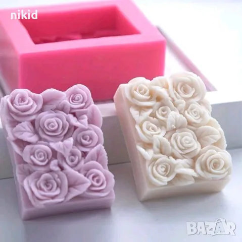 рози и листа правоъгълен силиконов молд форма фондан шоколад гипс сапун свещ декор