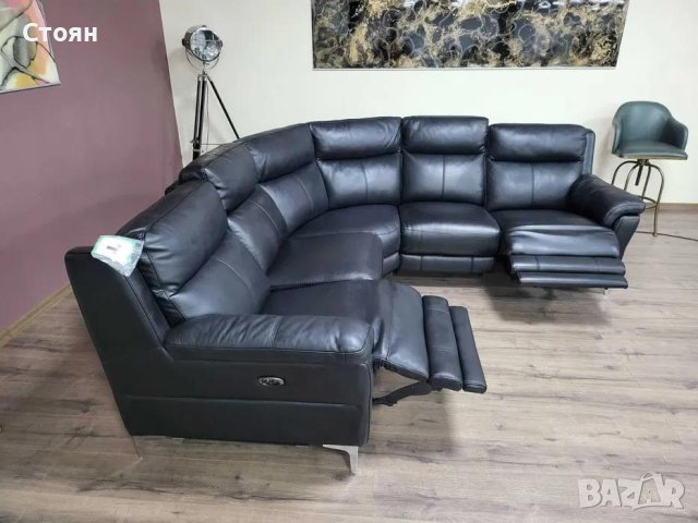 Черен кожен ъглов диван с електрически релаксиращ механизъм, снимка 12 - Дивани и мека мебел - 42514542