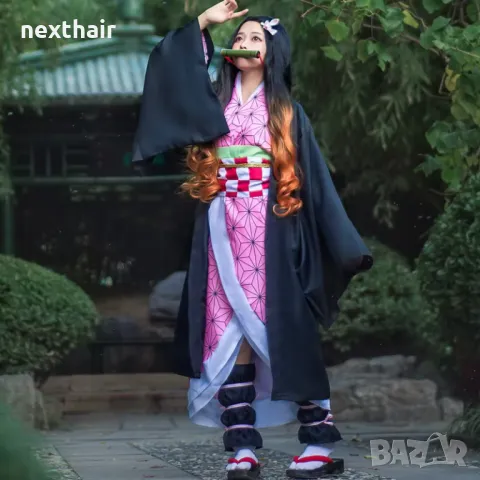 Аниме черна перука с кафяви краища Nezuko Kamado, снимка 2 - Аксесоари за коса - 48661344