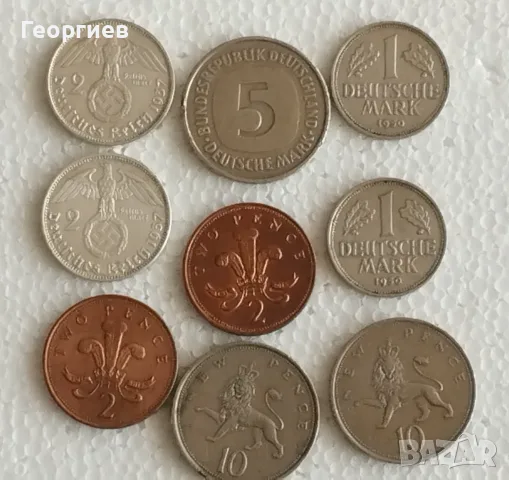  2 Райхсмарки сребърни,Английски пени,Дойче марки,0.10 ¢,0.20 ¢ и 0.50 ¢ от Е.С.