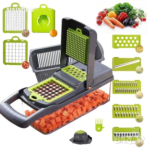 Кухненски помощник 14 в 1: Професионално ренде и слайсер 8 сменяеми остриета и дренажна кошница 3758, снимка 9 - Аксесоари за кухня - 53610885