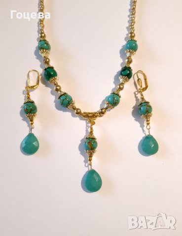 Разкошен комплект бижута обици и колие с камъни Нефрит и Азурит и орнаменти в цвят Антично злато, снимка 2 - Бижутерийни комплекти - 42512511
