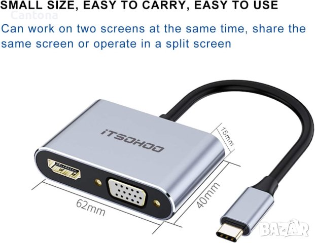 iTSOHOO USB C към HDMI  iVGA адаптер, USB Type C Thunderbolt 3 към VGA HDMI 4K конвертор , снимка 3 - Други - 40419761