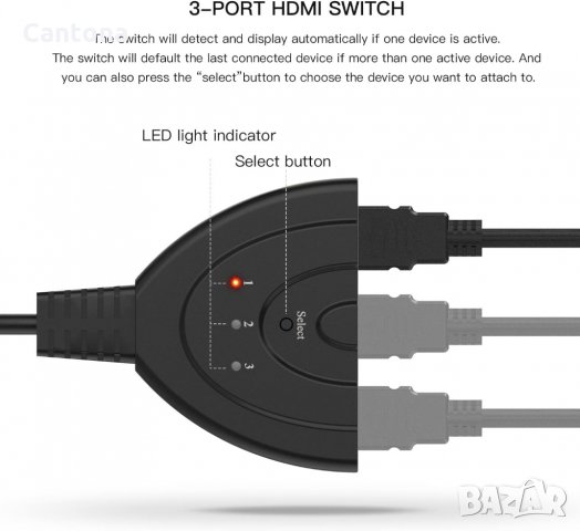 3-портов HDMI сплитер, 3xHDMI(f) -> HDMI(m), 3 входа - 1изход, (HD 1080P 3D HDTV, Blu-Ray, DVD, PS4/, снимка 3 - Кабели и адаптери - 36013499