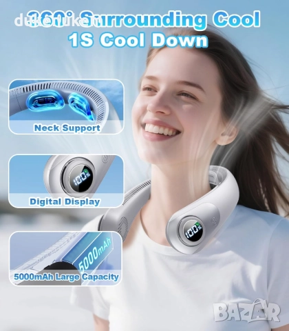 Преносим USB вентилатор за врат, 5 скорости, сив цвят, снимка 2 - Вентилатори - 52398848